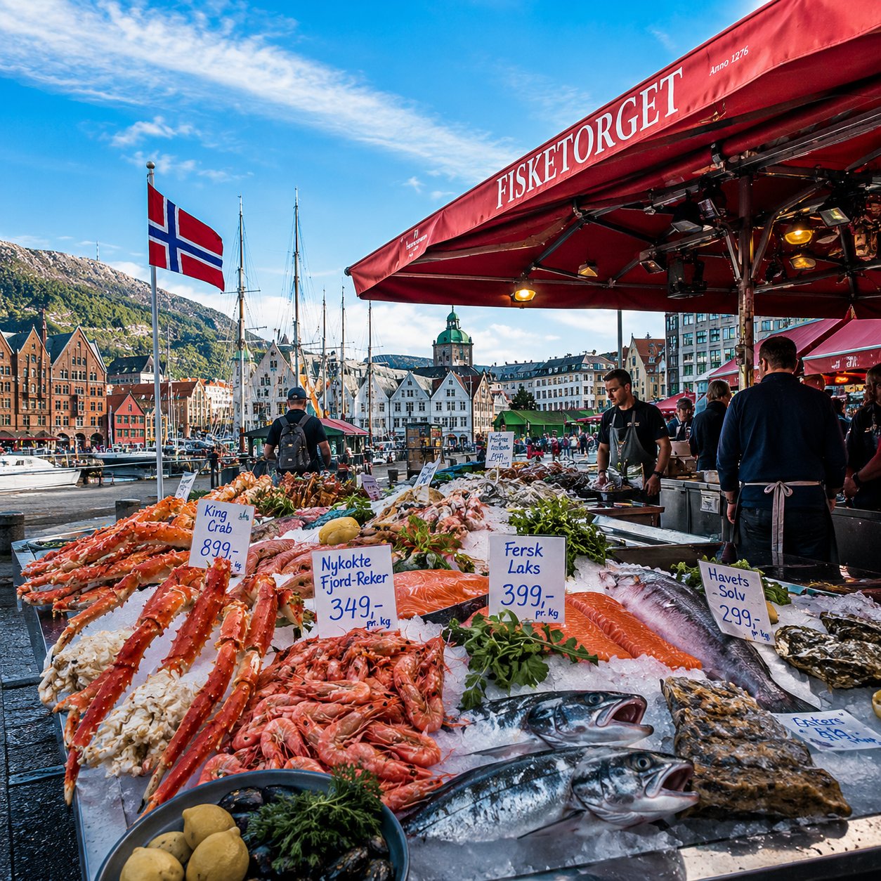 Fresh seafood on ice at Bergen's Fisketorget fish market, with the historic Bryggen wharf in the background