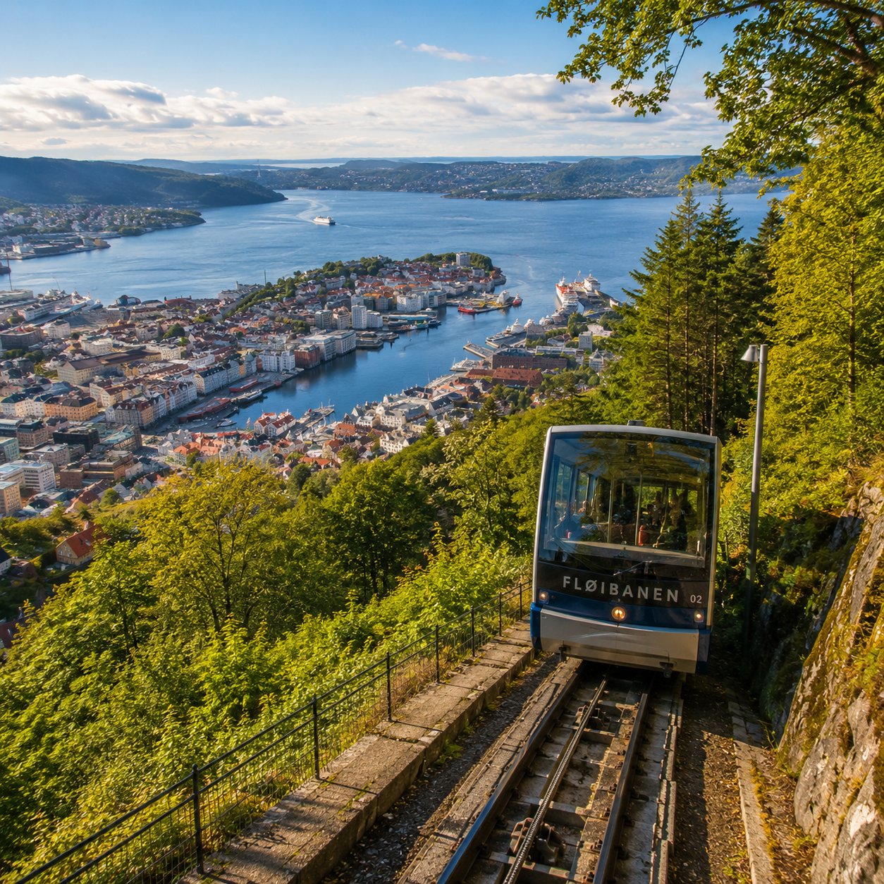 The Fløibanen funicular car climbing Mount Fløyen with a view over Bergen harbour below