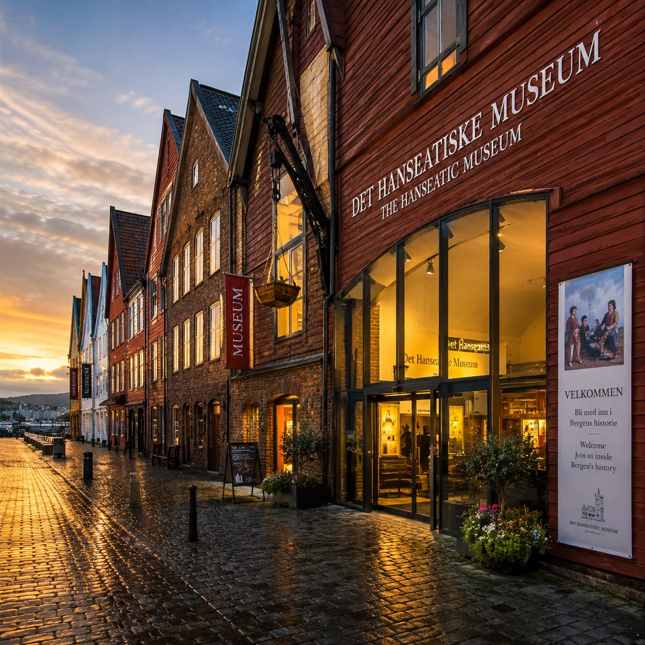 The Hanseatic Museum's red timber facade at Bryggen wharf in Bergen, lit up at dusk