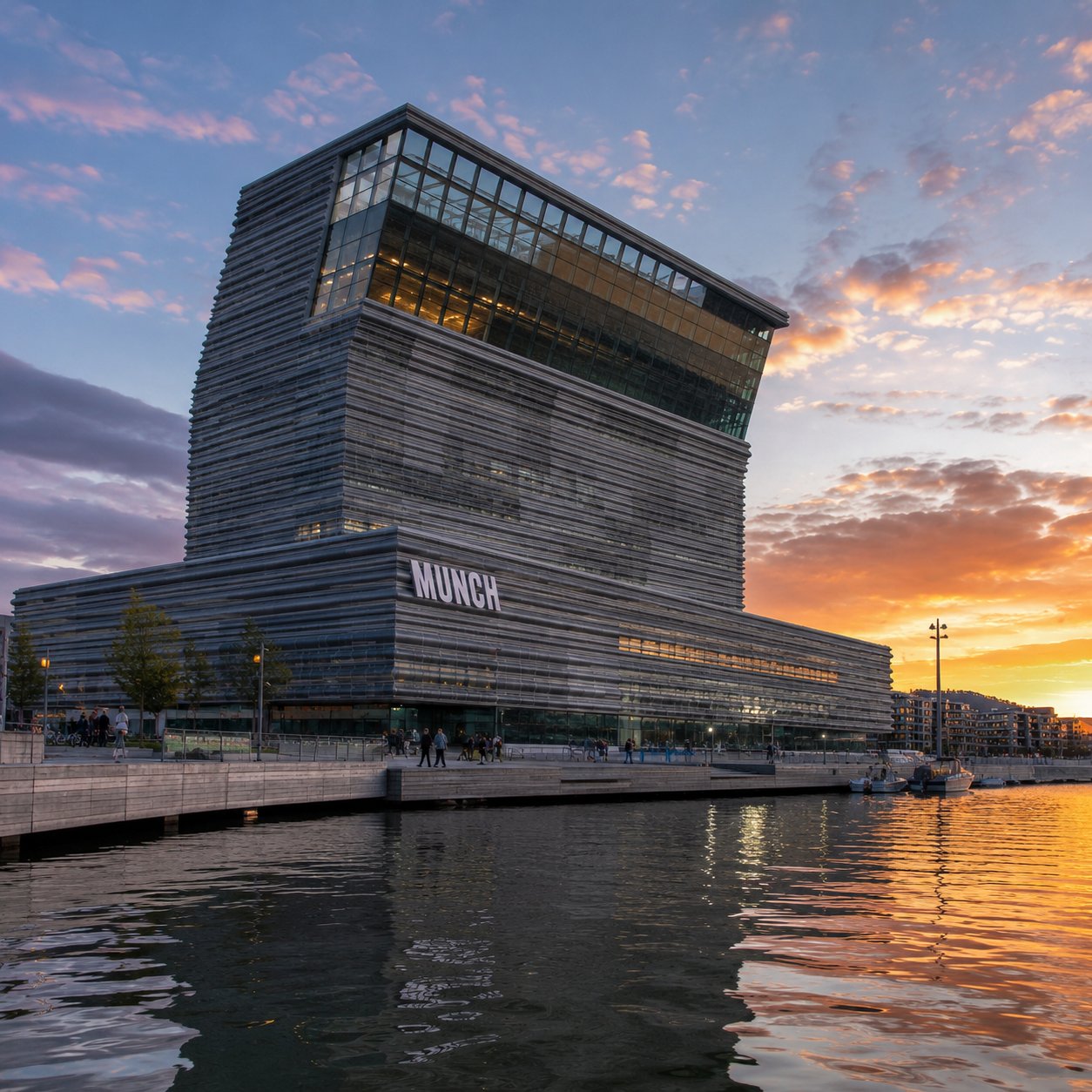 The Munch Museum's tilted tower on the Oslo waterfront at dusk