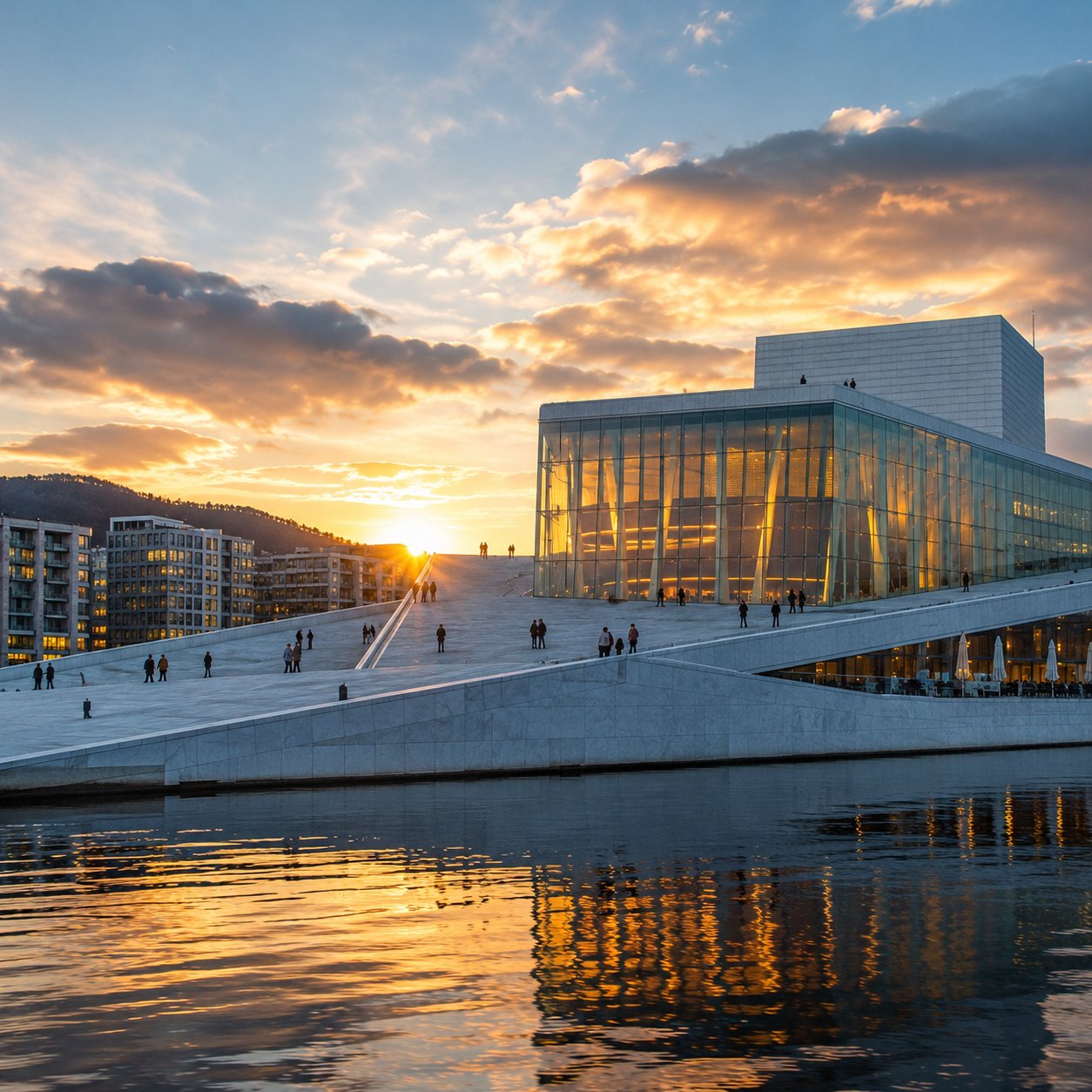 The Oslo Opera House's sloped marble roof at sunset, with visitors walking up to the top overlooking the fjord