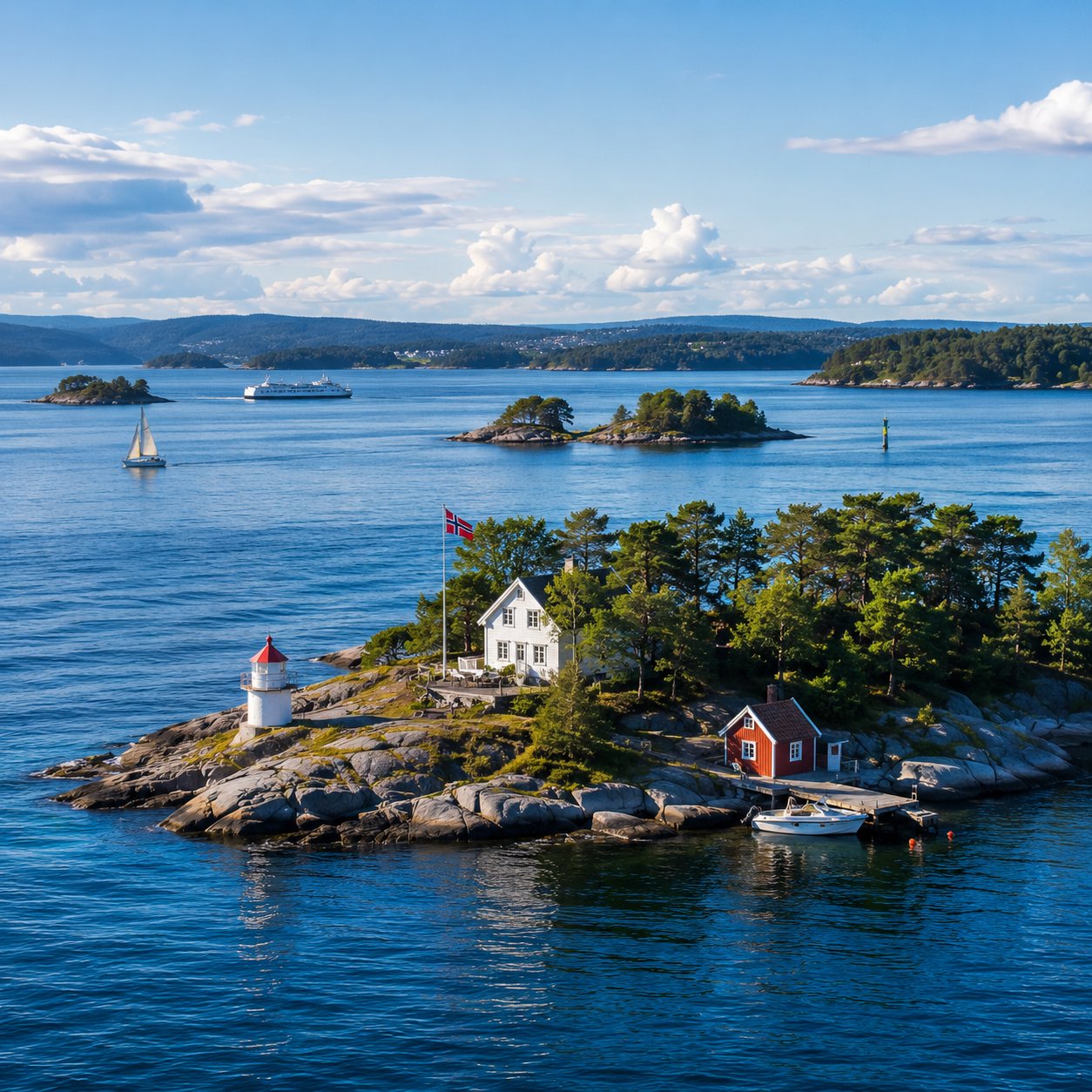 A small white cabin and red boathouse on a rocky island in the Oslo fjord, with a sailboat and ferry passing by