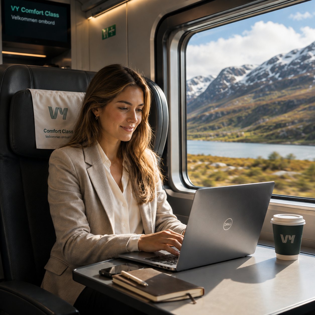 Woman working on a laptop with coffee in Comfort class on the Oslo to Bergen train, mountain scenery passing the window