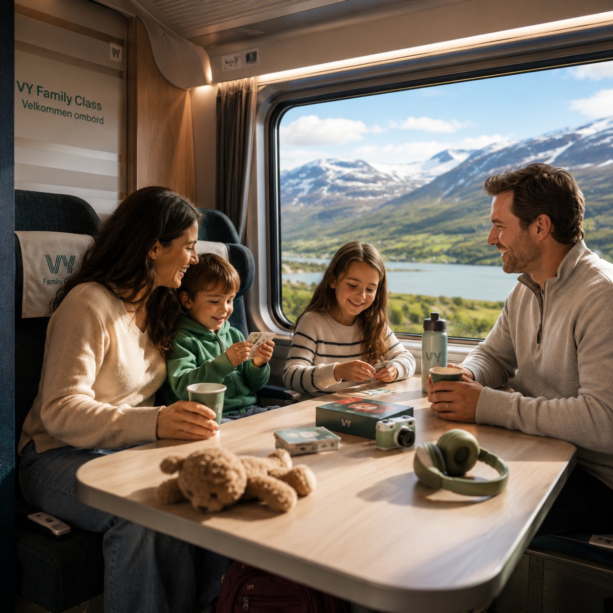 Family with two children playing cards together in Family class on the Oslo to Bergen train, mountain lake view outside