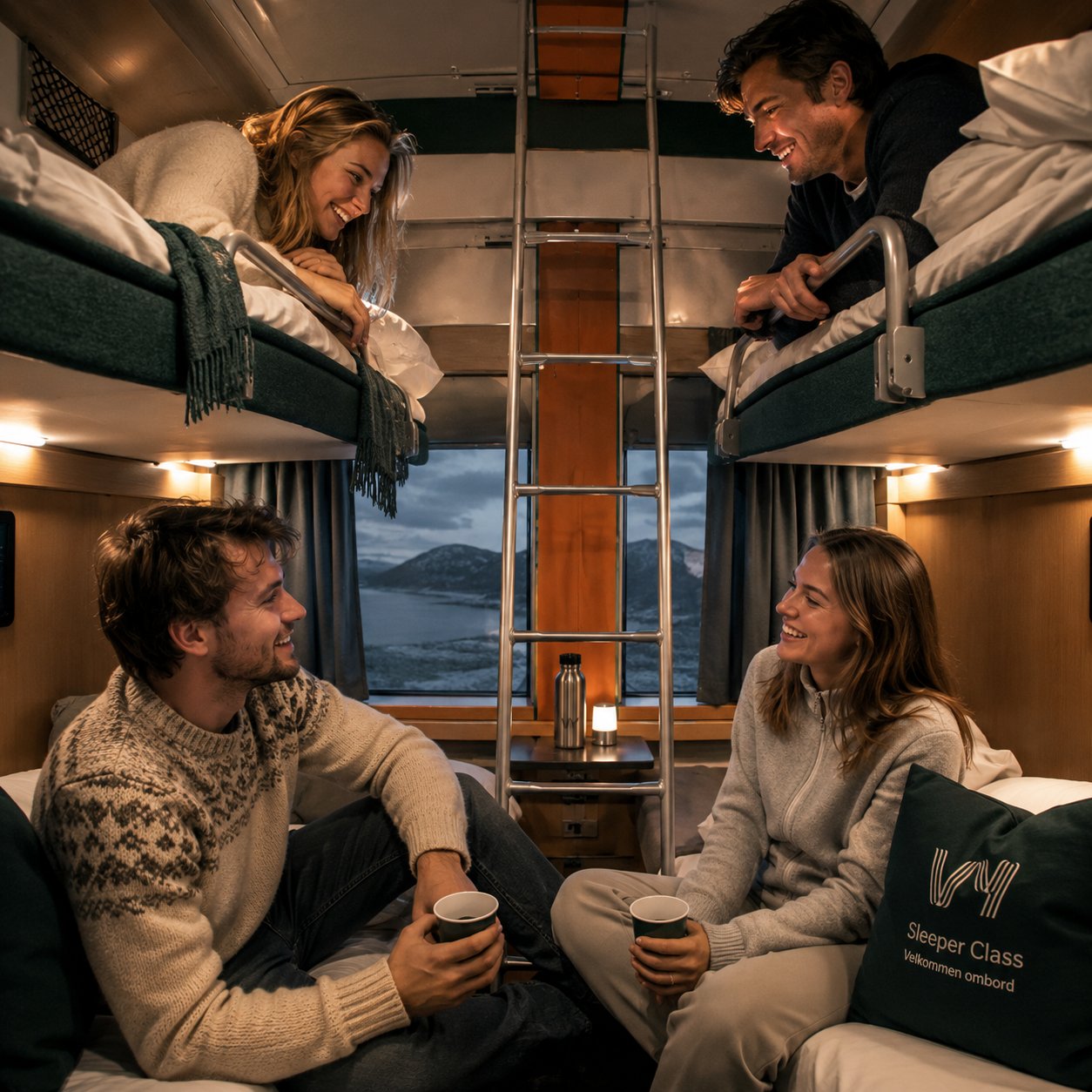 Two couples chatting in a Sleeper class compartment on the Oslo to Bergen night train, bunks made up with mountain view through the window at dusk