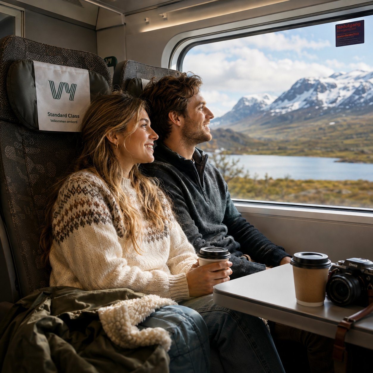 Couple relaxing in Standard class seats on the Oslo to Bergen train, looking out at snow-capped mountains and a lake