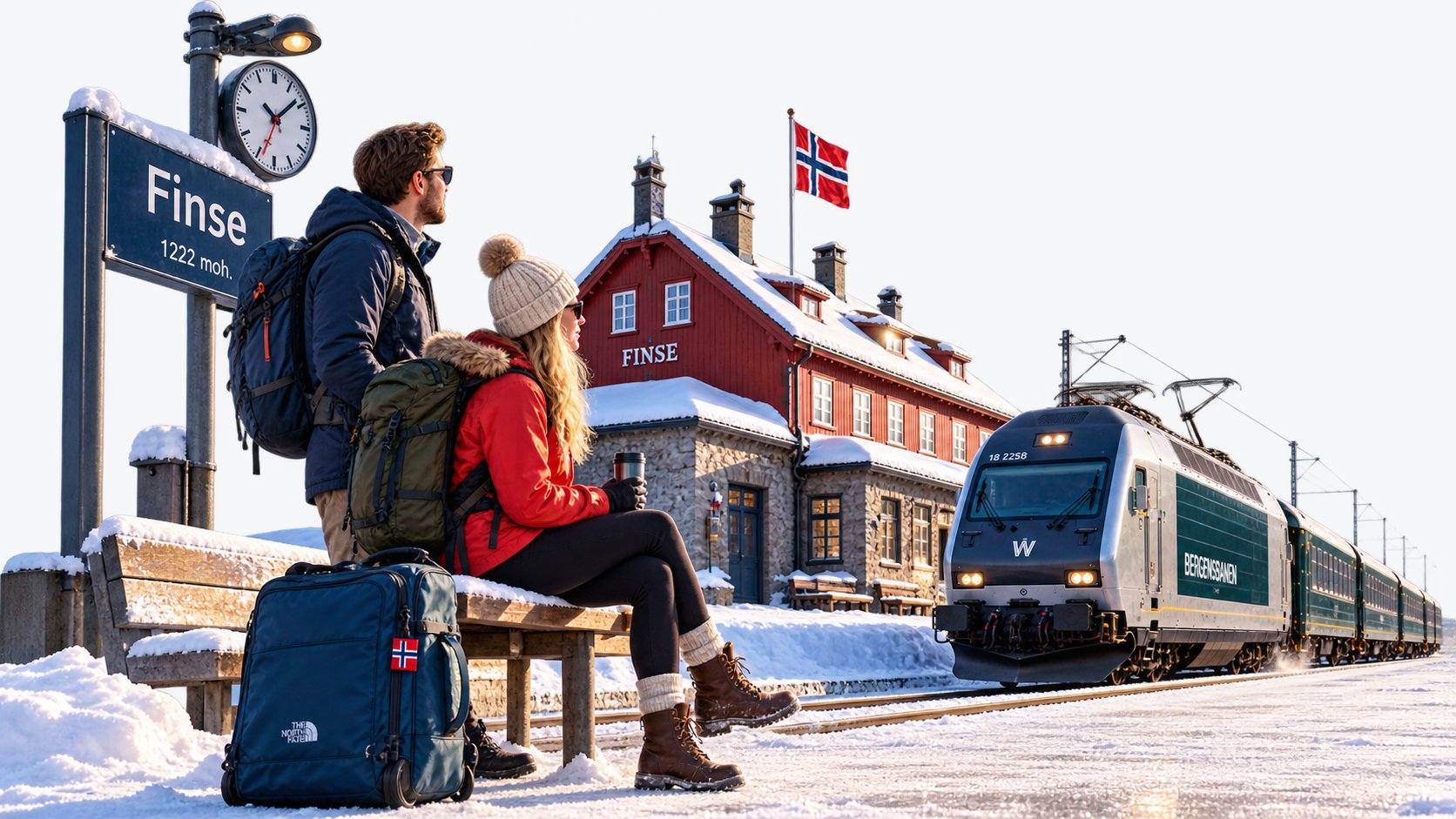 Two travelers with backpacks sitting on a bench on the platform at Finse station in winter, with the red station building, a Norwegian flag, and a Bergensbanen train arriving