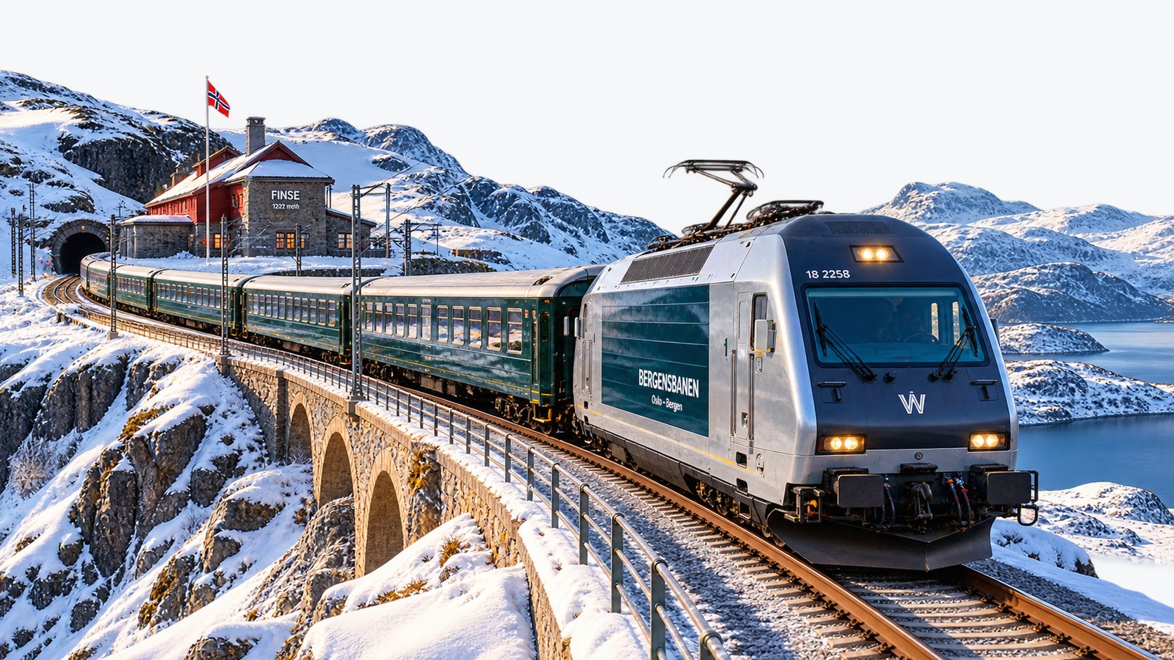 A Bergensbanen train marked Oslo–Bergen crossing a stone viaduct near Finse station in winter, with the red station building, a Norwegian flag, snow-capped mountains and a fjord behind it